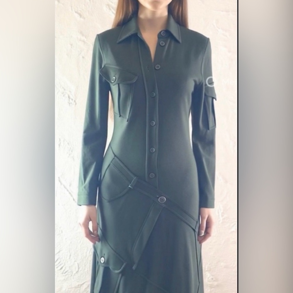 Vintage 90s Moschino Cheap and Chic Green Wool Cargo Utility Maxi Dress